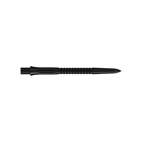 Mission Caliburn EVO Dart Tips GV1 - Zwart Schwarze Steeldartspitzen, 32 mm lang aus der Misson Caliburn EVO GV1 Serie. Die Aufnahme zeigt zwei Dartspitzen nebeneinander.