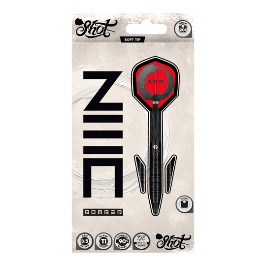Shot ZEN Bomber softdarts - 20g Hier sieht man die Shot ZEN Bomber Softdarts - 20g. Die Softdarts sind für präzises Werfen und einen sicheren Halt konzipiert.