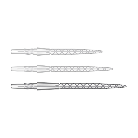 Target Swiss Storm Diamond Point Dartpunten - Zilver Das Bild zeigt drei silberne Dartspitzen mit einem Rautenmuster auf der Spitze. Sie sind nebeneinander und parallel ausgerichtet.