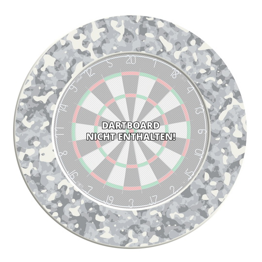 McDart Camo Dartbord Surround Dieses Bild zeigt ein Dartboard-Surround mit Schneetarnung. Das Produkt ist rund und dient als Schutz für die Wand beim Dartspielen.