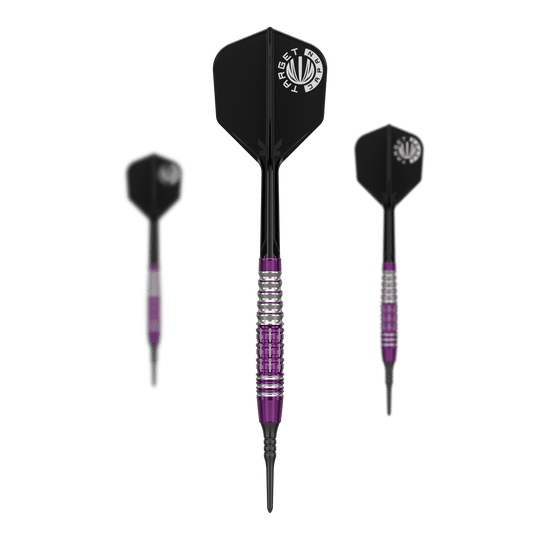 Das Bild zeigt drei Softdarts der Serie „Target Japan Prime Series Tung Suk Zenith GEN1“ mit einem Gewicht von 19g. Die Darts haben schwarze Flights und ein silber-lila gestreiftes Barrel.