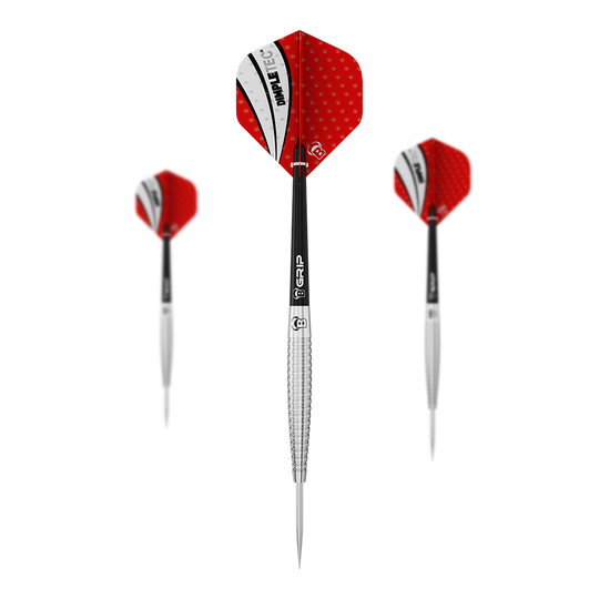 Bulls Dot D6 stalen darts Das Bild zeigt drei Steeldarts mit roten Flights und silbernen Spitzen. Die Flights haben ein weiß-schwarzes Muster mit dem Aufdruck "PIMPLETEC".