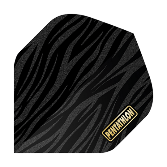 Pentatlonvluchten RT Zebra Das Bild zeigt ein Dartflight mit einem Zebra-Muster in Schwarz und Grau. In der unteren Ecke steht das Wort "Pentathlon" in gelber Schrift.