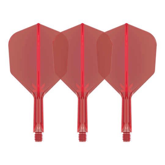 Target K-Flex No6 Vluchtsysteem - Rood Auf dem Bild sind drei rote Dart-Flights mit Shafts zu sehen. Sie sind identisch und stehen nebeneinander auf weißem Hintergrund.