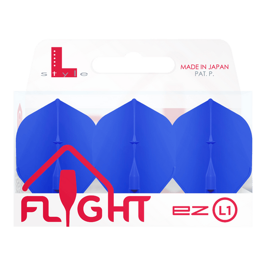 L-Style Champagne L1EZ Standaard Vluchten Das Bild zeigt eine Verpackung mit drei blauen Dart-Flights der Marke "L-Style Champagne L1EZ Standard". Auf der Verpackung steht "Made in Japan" und die Marke ist deutlich sichtbar.