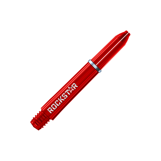 Winmau Joe Cullen Rockstar Nylon-schachten Das Bild zeigt einen roten Dart-Schaft mit der Aufschrift „ROCKSTAR“. Der Schaft hat eine glänzende Oberfläche und einen silbernen Ring in der Mitte.