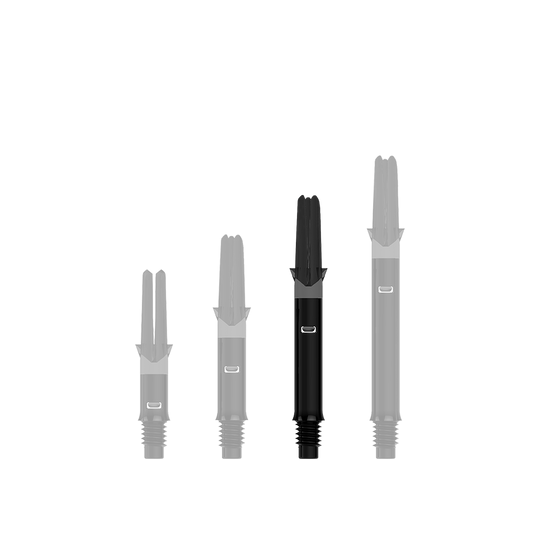 L-L-Style-Shafts Silent Straight - Zwart Das Bild zeigt drei schwarze Dartschäfte in unterschiedlichen Längen. Sie stehen nebeneinander auf einem transparenten Hintergrund.