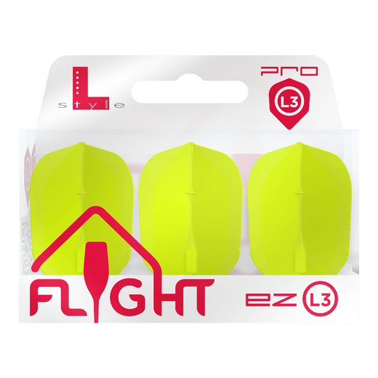 L-L-Style3EZ-vluchten Das Bild zeigt eine Packung mit drei neon-gelben Dart-Flights der Marke L-Style. Auf der Verpackung steht „FLIGHT ez L3 Pro“.