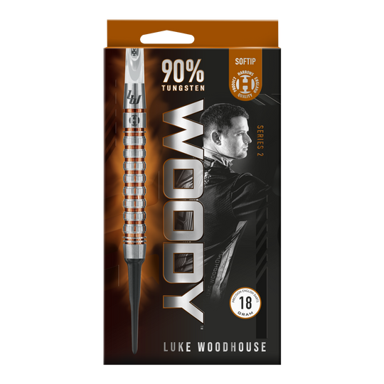 Harrow's Luke Woodhouse Series 2 Zachte Darts - 18g Die Verpackung zeigt die Harrows Luke Woodhouse Series 2 Softdarts mit einem Gewicht von 18 Gramm. Auf der Vorderseite ist ein großes Bild eines Softdarts sowie das Porträt von Luke Woodhouse abgebildet.