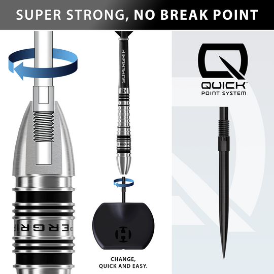 Auf dem Bild sieht man die Harrows Supergrip Bomb Quick Point Steeldarts. Diese Darts sind ideal für ambitionierte Dartspieler.