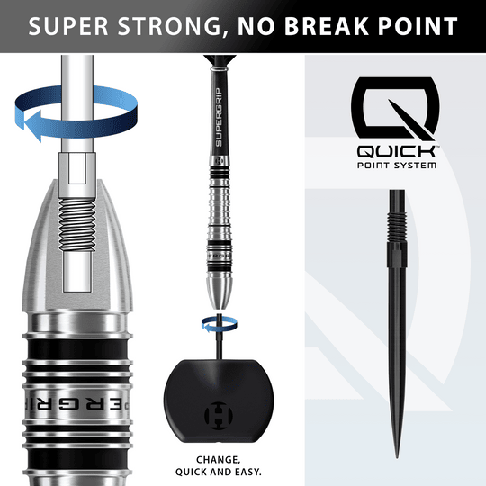 Harrows Supergrip Bomb Quick Point stalen dartpijlen Auf dem Bild sieht man die Harrows Supergrip Bomb Quick Point Steeldarts. Diese Darts sind ideal für ambitionierte Dartspieler.