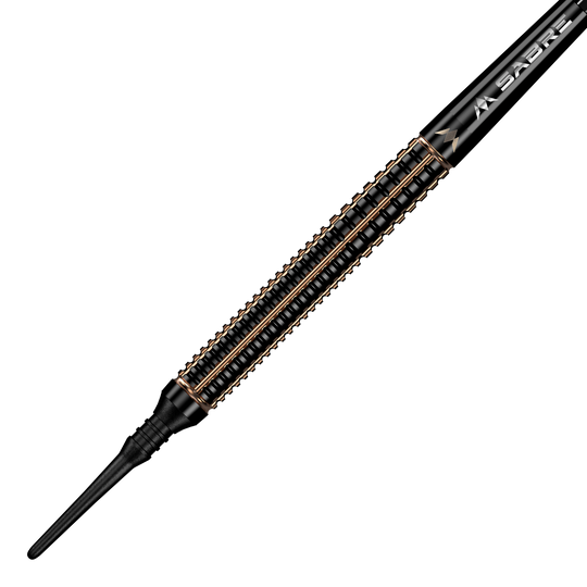 Mission Scorpion zachte dartpijlen - 19g Das Bild zeigt einen Mission Scorpion Softdart mit einem Gewicht von 19 Gramm. Der Dart hat ein elegantes, schwarzes Design mit goldfarbenen Akzenten.