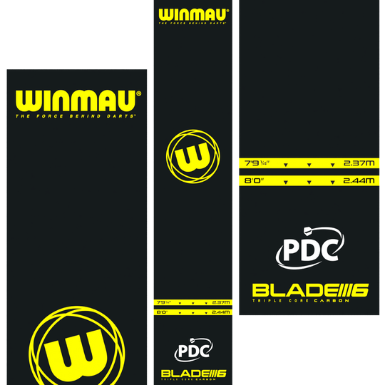 Winmau Pro-Zone Essential PVC dartmat Das Bild zeigt die Winmau Pro-Zone Essential PVC Dartmatte mit auffälligen gelben Logos und Markierungen. Die Matte zeigt Abwurflinien in den Längen 2,37 m und 2,44 m sowie die Logos von Winmau, PDC und Blade 6.