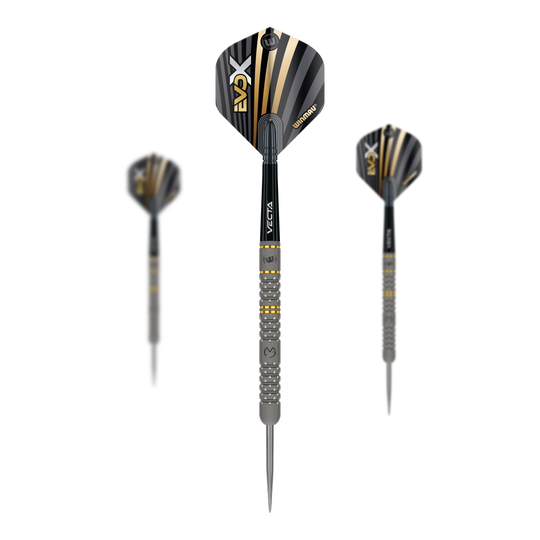 Winmau Michael Van Gerwen Evo-X stalen dartpijlen Das Bild zeigt drei Winmau Michael Van Gerwen Evo-X Steeldarts mit schwarzer und goldener Optik. Die Darts haben ein modernes Design und sind in einer Vorder- und zwei Seitenansichten dargestellt.
