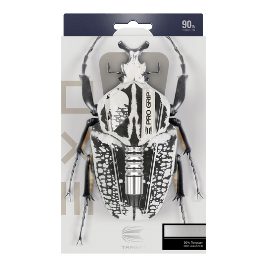 Target EXO 10 Zachte Darts Die Verpackung zeigt die Target EXO 10 Softdarts, bei denen ein Dartpfeil kreativ als Teil eines Käfers dargestellt ist. Oben steht, dass die Darts aus 90 % Tungsten bestehen.