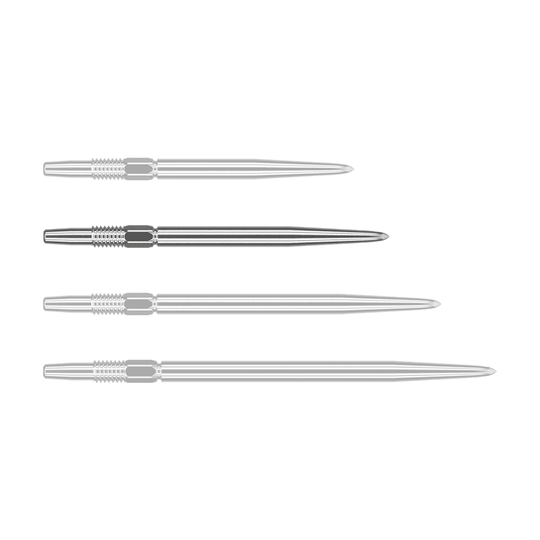 Target Swiss Point Zilveren dartpunten Das Bild zeigt vier silberne Dartspitzen, die nebeneinander liegen. Sie sind lang, schmal und haben ein geriffeltes Stück am oberen Ende.