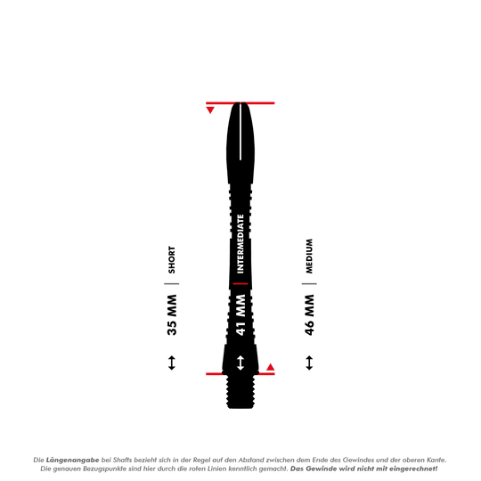 7013_Winmau_Triad_Aluminium_Shafts_5_41mmPJiRGAEcltQZ0 Das Bild zeigt einen 41 mm langen Aluminiumschaft für Darts, der als "Intermediate" gekennzeichnet ist. Die rote Markierung deutet darauf hin, dass das Gewinde bei der Längenangabe nicht mit eingerechnet wird.