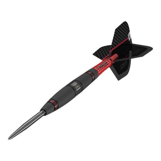 Target Scope 04 Swiss Point stalen darts Das Bild zeigt den Target Scope 04 Swiss Point Steeldart. Der Dart hat ein schwarz-rotes Design mit geriffeltem Griff und einer metallischen Spitze.