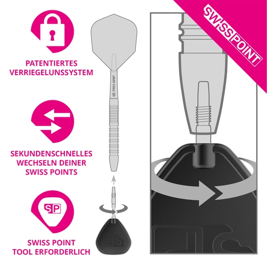 Target Swiss Point Storm Surge stalen dartpunten - goud Das Bild zeigt ein patentiertes Verriegelungssystem für Dartspitzen namens Swiss Point. Es erklärt, dass der Wechsel der Spitzen in Sekundenschnelle mit einem speziellen Werkzeug möglich ist.
