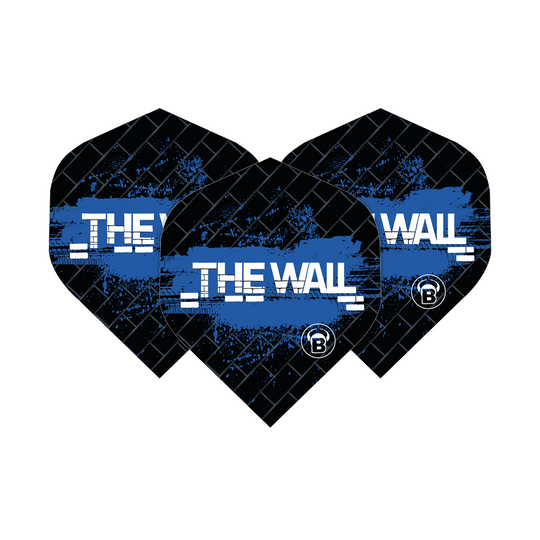 Bulls B-Star Martin Schindler Zwart Blauw No2 Standaard Vluchten Das Bild zeigt drei schwarze Dart-Flights mit blauen Akzenten und der Aufschrift „THE WALL“. Es handelt sich um die Bulls B-Star Martin Schindler Black Blue No2 Standard Flights.