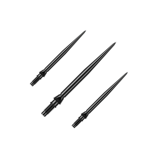 Winmau Switch Point gladde stalen dartpunten - zwart Auf dem Bild ist ein Set schwarzer glatter Steeldartspitzen von Winmau zu sehen. Die Spitzen sind 26mm lang.