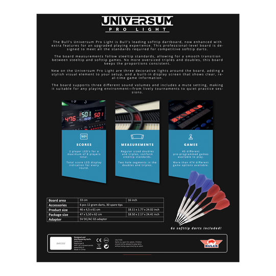Bulls NL Universum Pro Light Elektronisch Dartbord - Blauw Rood Auf dem Bild ist das Bulls NL Universum Pro Light Elektronisches Dartboard - Blau Rot zu sehen. Es eignet sich perfekt für Darts-Spiele zu Hause.
