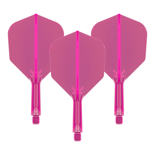 Target K-Flex No6 Vluchtsysteem - Neon Roze Das Bild zeigt drei neonpinke Dart-Flights mit angesetzten Schäften. Sie sind nebeneinander angeordnet und haben ein transparentes Design.