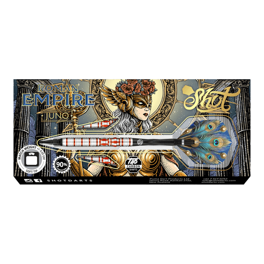 Shot Roman Empire Juno zachte darts Das Bild zeigt die Verpackung der Shot Roman Empire Juno Softdarts. Auf der Verpackung ist ein kunstvolles Design mit einer Kriegerin und auffälligen Farben abgebildet.