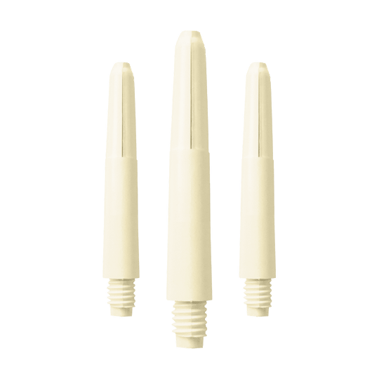 Das Bild zeigt drei Nylon Shafts in der Farbe Naturweiß. Die Shafts haben ein schlichtes, glattes Design mit einem Schraubgewinde am unteren Ende.