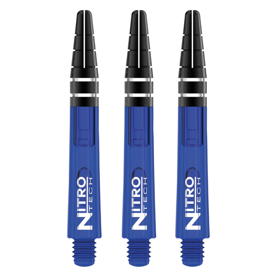 C444_Nitrotech_Short_Blue_V Das Bild zeigt drei blaue RedDragon Nitrotech Shafts. Sie sind mit schwarzen und silbernen Akzenten gestaltet und haben den Schriftzug "Nitro Tech" aufgedruckt.