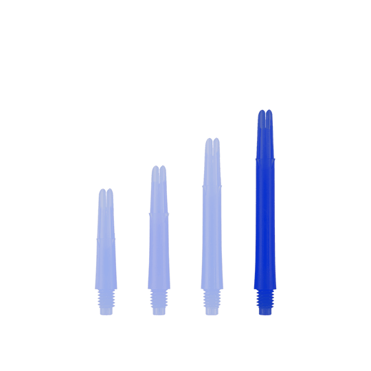 L-L-Style-Shafts Locked Straight - Blauw Auf dem Bild sind vier blaue gerade Dartschäfte in unterschiedlichen Längen zu sehen. Sie stehen nebeneinander aufrecht und haben ein Schraubgewinde am unteren Ende.