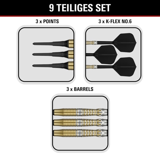 Target Black Marque Enzo Soft Darts - 18g Auf dem Bild befinden sich die Target Black Marque Enzo Softdarts mit 18g Gewicht. Die Softdarts sind für ihre gute Balance und Verarbeitung bekannt.