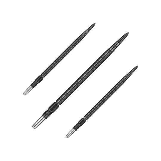 Target Swiss Diamond Pro Black Points dartpunten Das Bild zeigt drei schwarze Dartspitzen mit einem rautenförmigen Muster. Sie sind lang und haben ein silbernes Schraubgewinde am Ende.