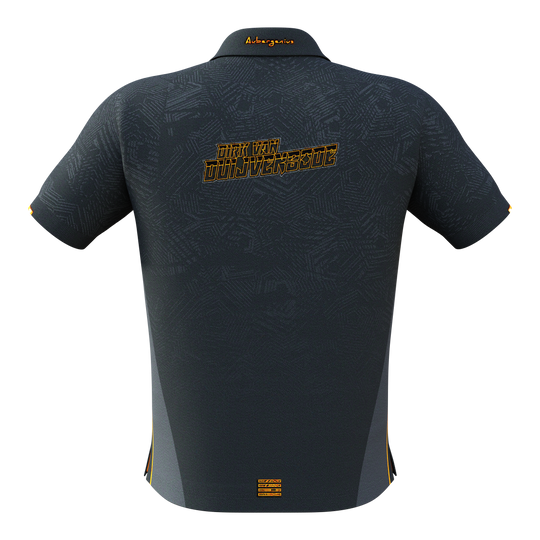 Bulls NL Dirk Van Duijvenbode wedstrijdshirt 2025 Das Bild zeigt das Bulls NL Dirk Van Duijvenbode Matchshirt 2025 von hinten. Auf dem Rücken steht der Name "Dirk Van Duijvenbode" in gelber Schrift.