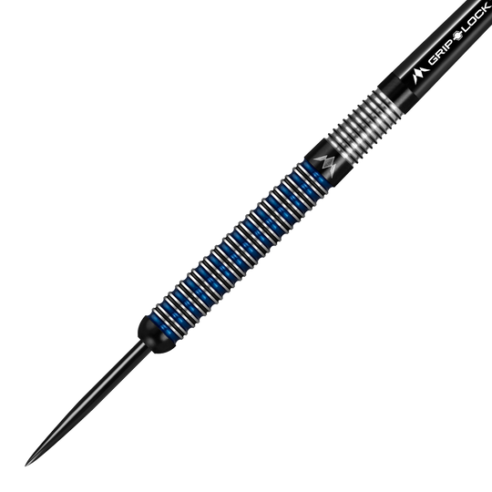 Mission Nightfall Model 1 stalen darts Das Bild zeigt einen Mission Nightfall Model 1 Steeldart. Der Dart hat ein modernes Design mit silbernen und blauen Ringen am Barrel.