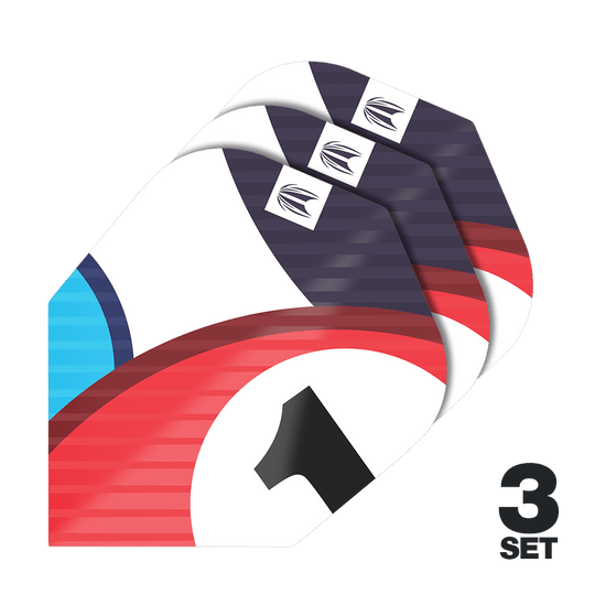 Target Pro Ultra Chicane Blauw No6 Flights - 3 sets Das Bild zeigt drei Sets von Target Pro Ultra Chicane Blue No6 Flights für Darts. Auf den Flights sind rote, blaue und schwarze Designelemente sowie die Zahl 1 zu sehen.
