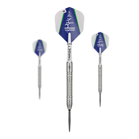 Das Bild zeigt drei Steeldarts des Modells "Target Shane McGuirk GEN1 Swiss Point - 23g". Die Darts haben silberne Spitzen und Schäfte sowie blau-weiße Flights mit grünen Akzenten.