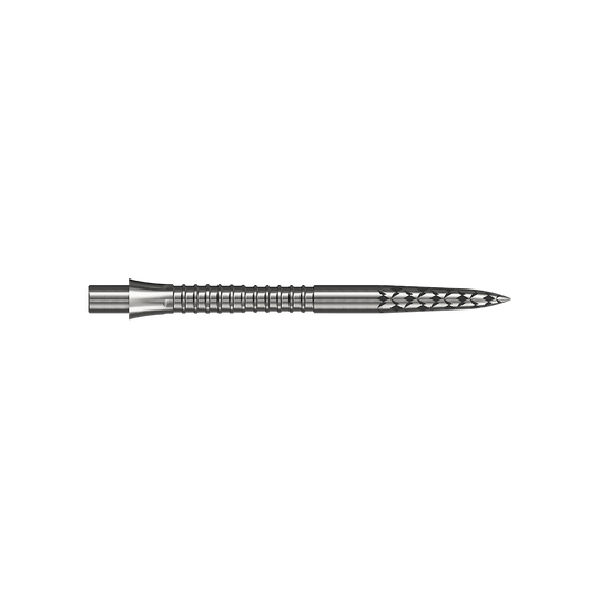 Mission Caliburn EVO dartpunten met GV-logo - zilver Eine silberfarbene Steeldartspitze mit einer Länge von 32 mm ist auf dem Bild zu sehen. Das Bild trägt den Dateinamen M002128_Missoin_Caliburn_EVO_GV-Logo_Steeldartspitzen_Silber_32mm_2.