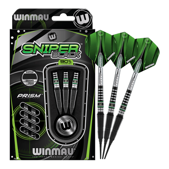 Winmau Sniper Black 2025 zachte darts - 20g Das Bild zeigt die Winmau Sniper Black 2025 Softdarts mit einem Gewicht von 20g. Die Darts sind schwarz und grün gestaltet und werden in einer Verpackung mit drei Stück präsentiert.