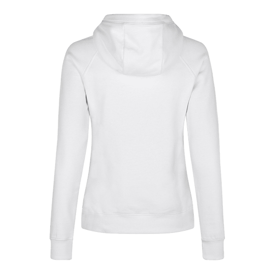 Barrels and Shafts Dameshoodie - Wit Dies ist ein weißer Damen-Hoodie, der von hinten zu sehen ist. Das schlichte Design zeigt lange Ärmel und eine Kapuze.