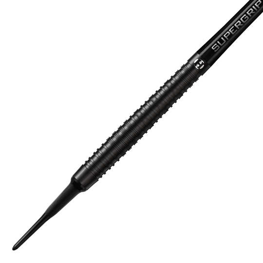 Harrows NX90 Black Edition zachte darts Dieses Bild zeigt den Harrows NX90 Black-Edition Softdart. Der Dart ist komplett schwarz und hat eine geriffelte, griffige Oberfläche.