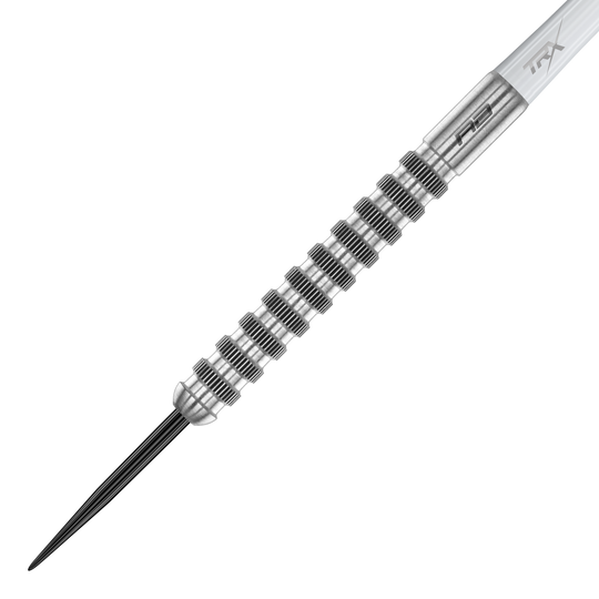 Red Dragon Javelin Speedline stalen darts Das Bild zeigt einen Red Dragon Javelin Speedline Steeldart. Der Dartpfeil besteht aus silbernem Metall mit markanten, gerillten Griffmulden.