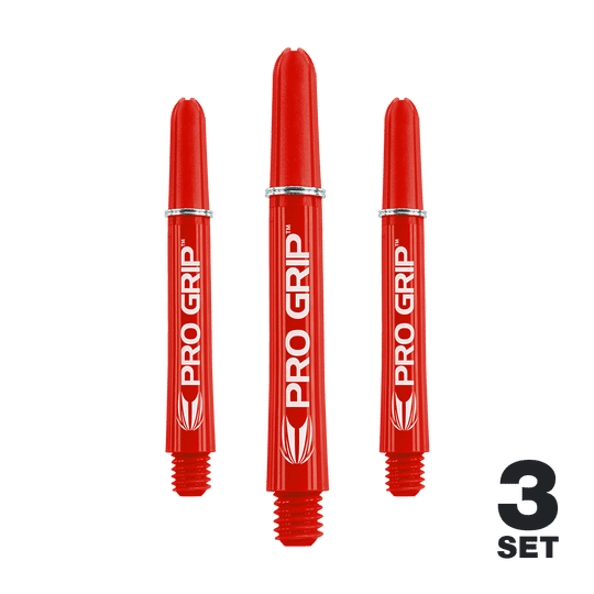 Auf dem Bild sind drei rote PRO GRIP Shafts für Darts zu sehen. Unten rechts steht "3 SET," was darauf hinweist, dass es sich um ein Set mit drei Stück handelt.