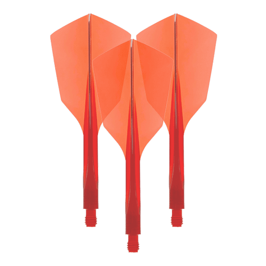 Das Bild zeigt drei rote Dartflights aus Kunststoff mit schmaler Form. Es handelt sich um das Produkt "Condor Axe 120 Flight-System Clear Red - Narrow".