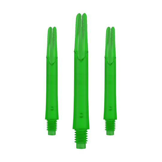 L-Style L-schachten vergrendeld recht - Groen Auf dem Bild sind drei gerade, grüne Dartshafts ohne Kappen zu sehen. Sie stehen nebeneinander und haben ein Schraubgewinde am unteren Ende.