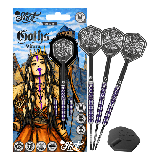 Shot Goths Visara Turbo Point stalen dartpijlen - 23 g Das Produkt zeigt die Shot Goths Visara Turbo Point Steeldarts - 23g in voller Ansicht. Diese Steeldarts stehen für Qualität und Zuverlässigkeit beim Dartspiel.
