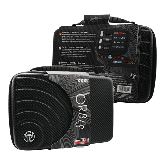 Bulls Orbis XXL dartcase - carbongrijs Das Bild zeigt das Produkt "Bulls Orbis XXL Dartcase - Carbongrey" in schwarzer Carbon-Optik. Das Dartcase ist groß und bietet Platz für mehrere Dart-Sets und Zubehör.