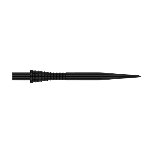 Das Bild zeigt die Red Dragon Raptor Gripped Black Steeldartspitze mit einer Länge von 38 mm. Die Spitze ist schwarz und hat eine geriffelte Grifffläche für besseren Halt.