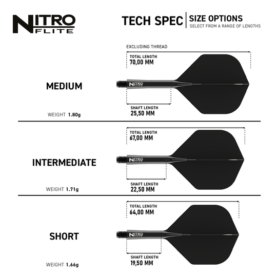 Red Dragon Nitroflite - Zwarte schacht Zwarte No2-vluchten Das Bild zeigt die verschiedenen Größenoptionen des Produkts "Red Dragon Nitroflite - Black Shaft Black No2 Flights" mit technischen Spezifikationen. Es werden die Längen und Gewichte der Ausführungen Medium, Intermediate und Short dargestellt.
