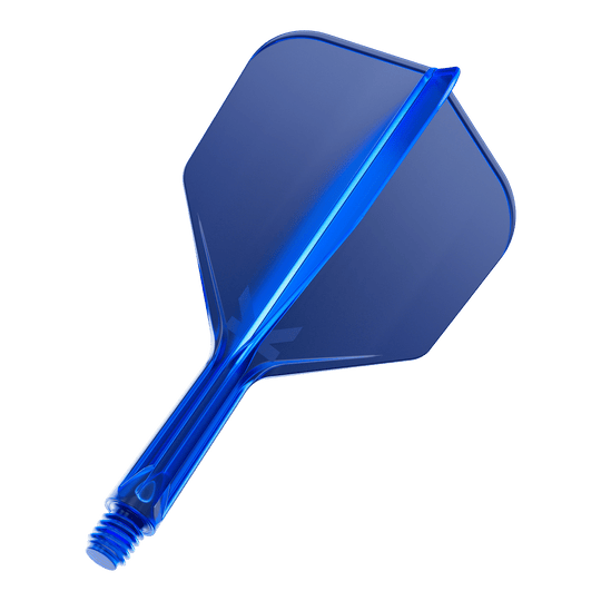 Target K-Flex No6 Flight System - Blauw Das Bild zeigt ein blaues Dartflight-System mit integriertem Schaft. Das Material wirkt durchsichtig und hat eine glatte, glänzende Oberfläche.
